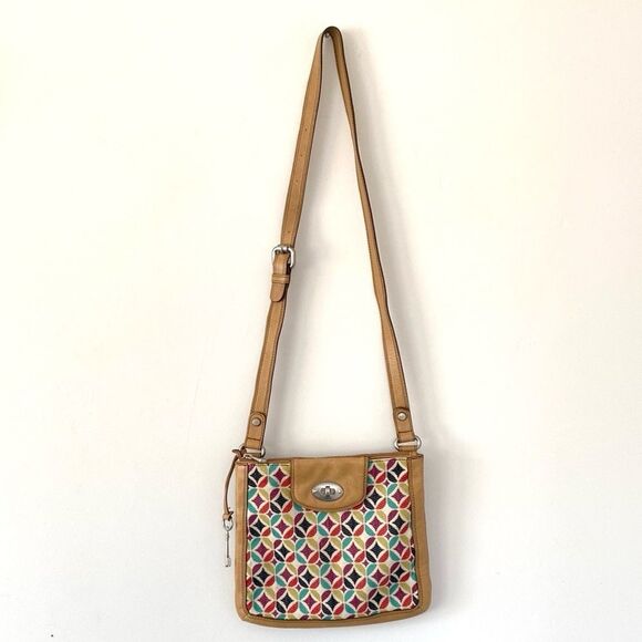 VTG Fossil Tan Leather Canvas Geometric Patterned Crossbody Bag Boho Retro NWOT - Picture 2 of 11